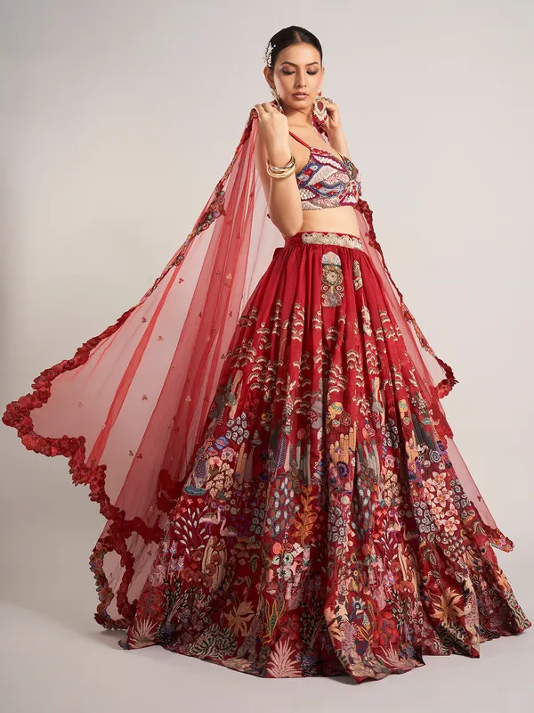 Maroon organza reception wear lehenga choli