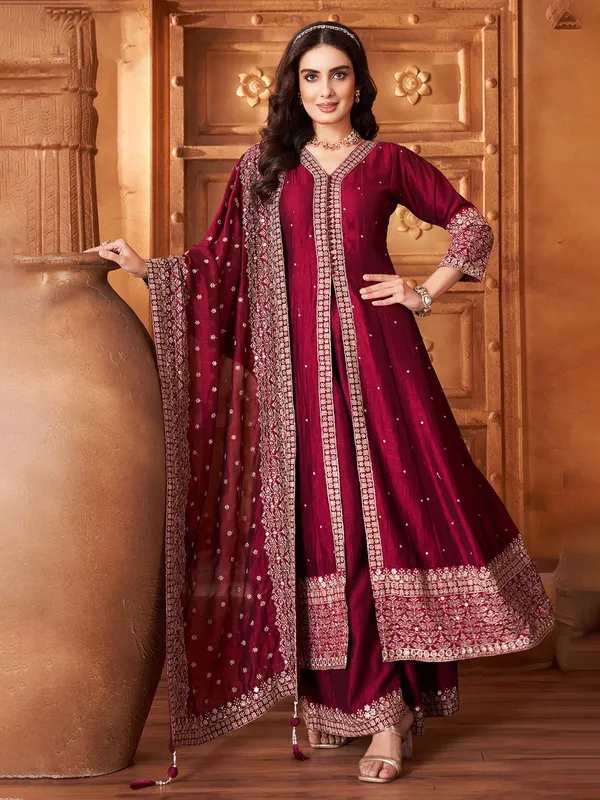 Maroon pakistani palazzo suit with resham work