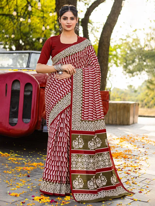 Maroon printed bhagalpuri silk saree for women