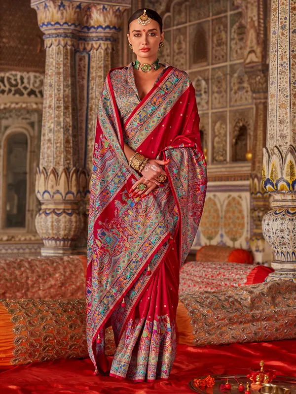 Maroon printed festive wear silk saree