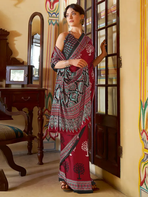 Maroon printed japan silk saree for festival