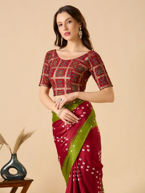 Maroon printed lycra ready made blouse with half sleeves