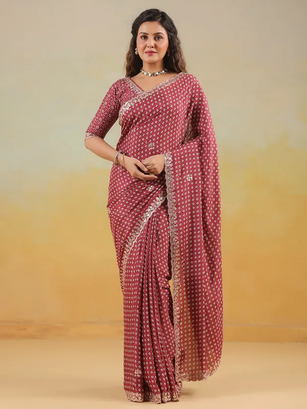 Maroon printed muslin saree with ready made blouse