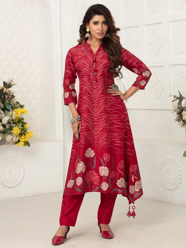 Maroon printed russian silk kurti set for women