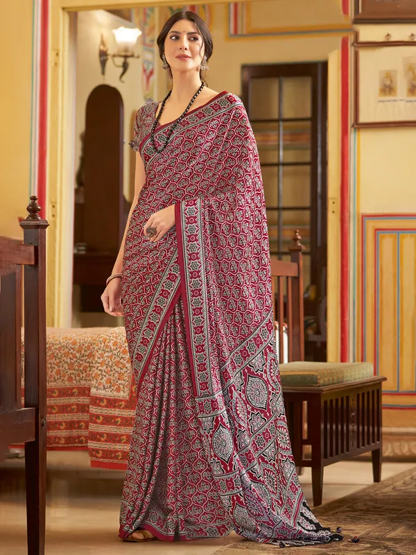 Maroon printed saree in japan silk
