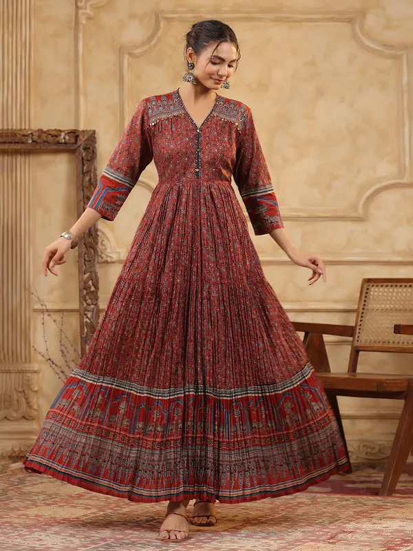 Maroon printed silk kurti set for women festive wear
