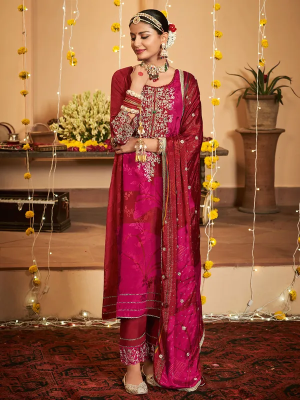 Maroon printed silk salwar suit