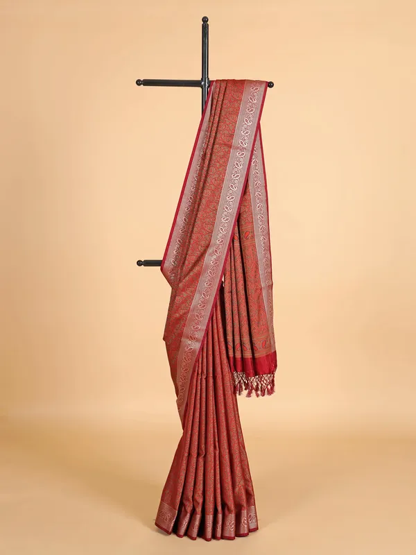 Maroon printed silk saree with zari weaving