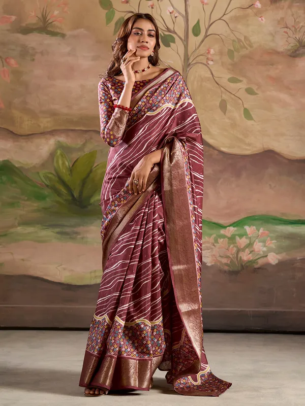 Maroon printed silk saree with zari work