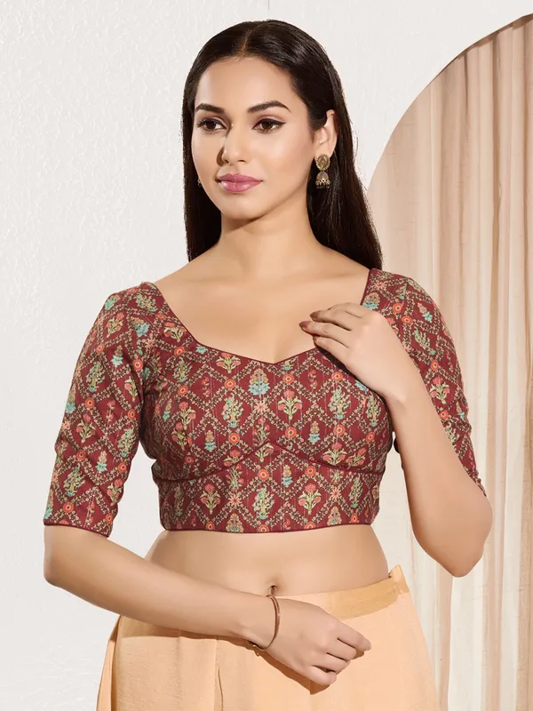 Maroon printed viscose rayon ready made blouse