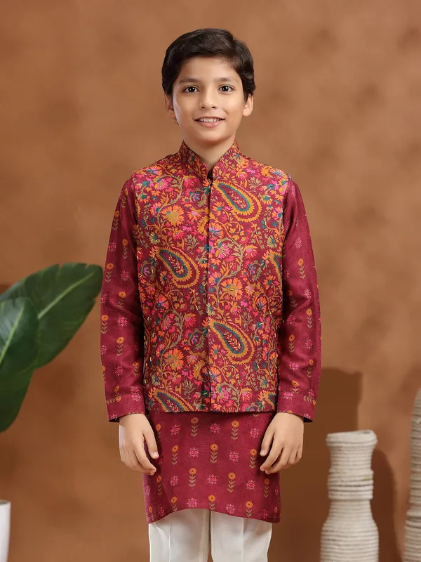 Maroon raw silk printed waistcoat set for boys