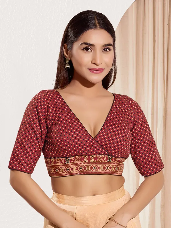 Maroon ready made cotton printed blouse