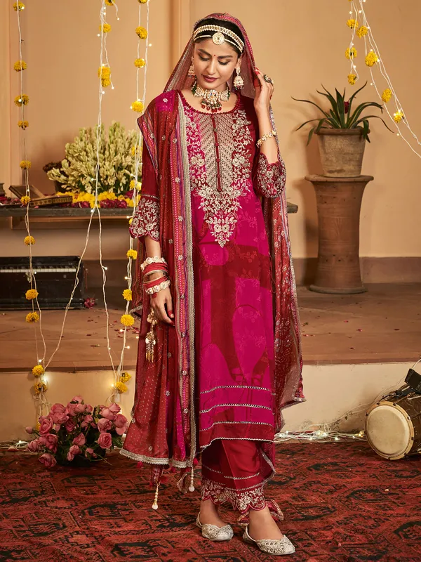 Maroon resham worked silk salwar suit