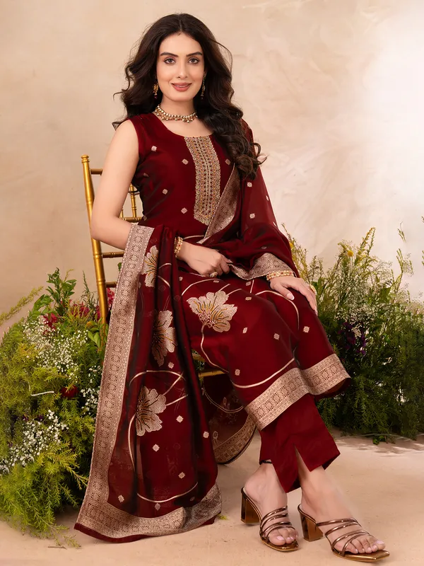 Maroon satin silk salwar suit for women