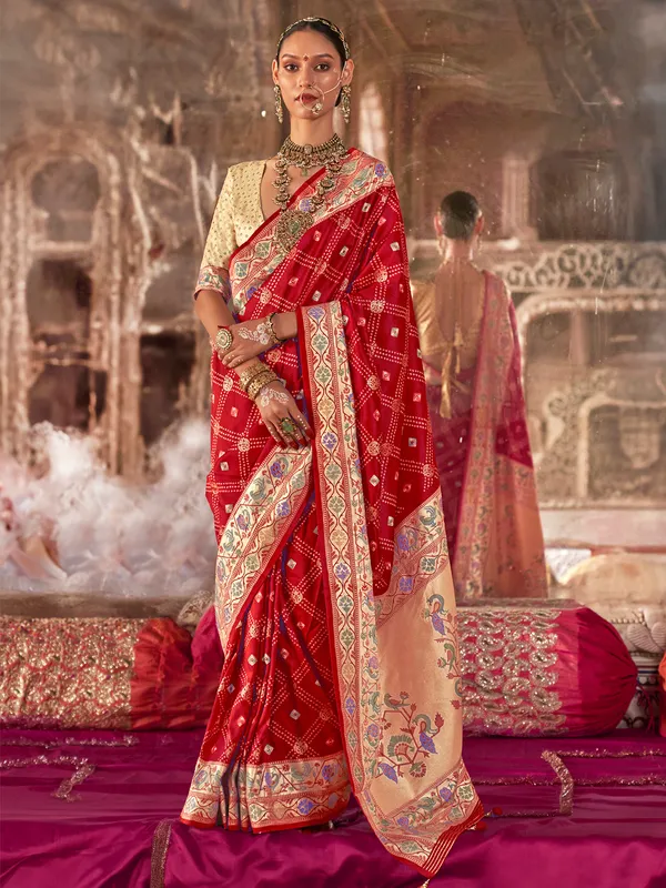 Maroon silk bandhani print saree