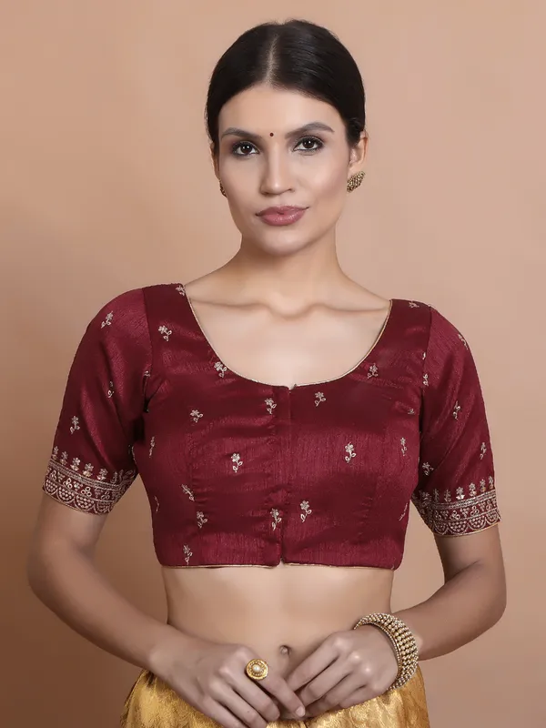 Maroon silk embroidered blouse with round neck