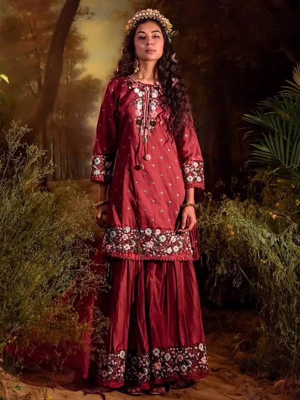 Maroon silk embroidery sharara set