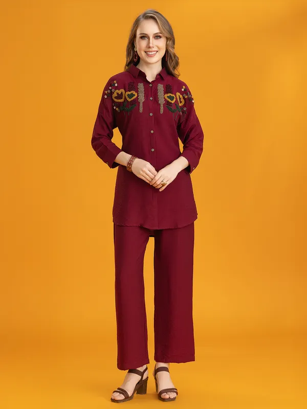Maroon silk palazzo co-ord set for casual wear