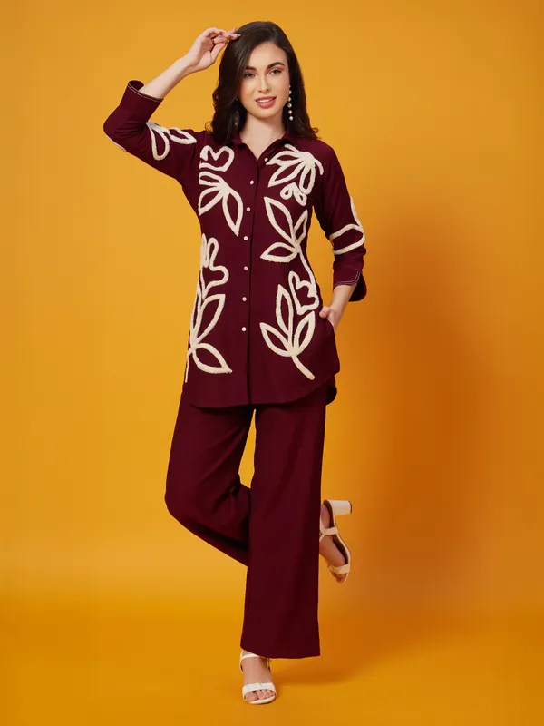 Maroon silk palazzo ensemble with delicate thread work