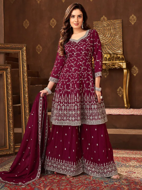 Maroon silk palazzo suit with sequins work