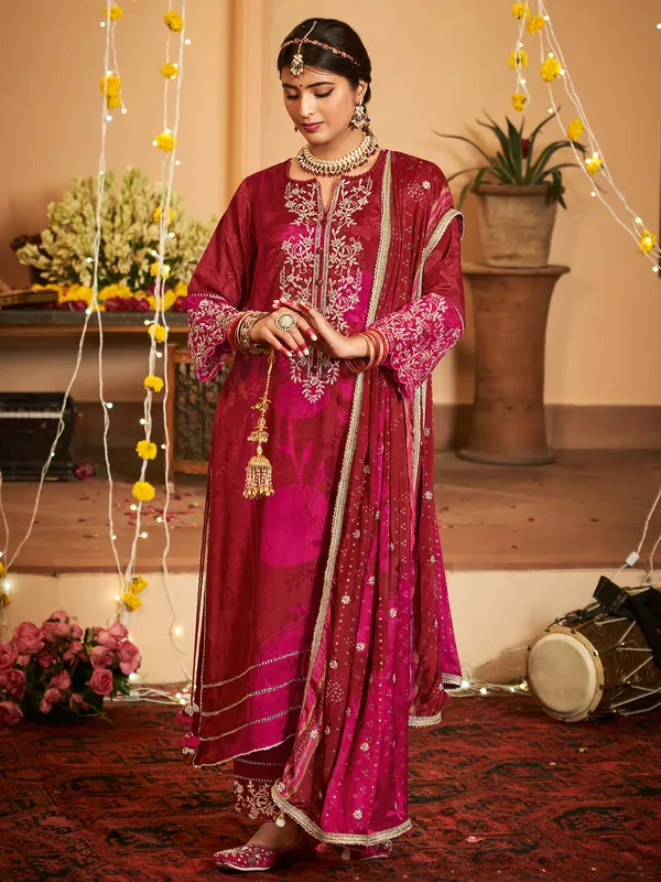 Maroon silk printed wedding wear salwar suit