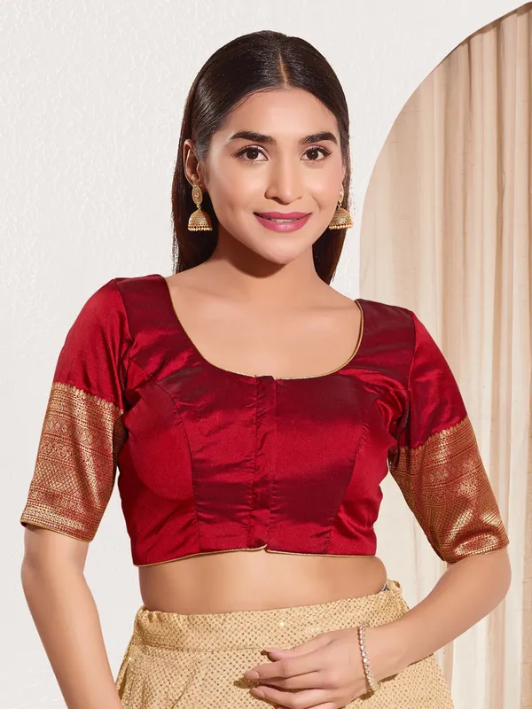 Maroon silk ready made blouse with zari weaving