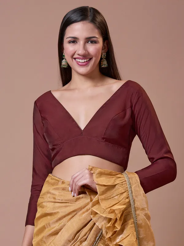 Maroon silk readymade blouse V neck