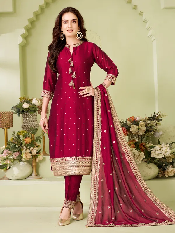 Maroon silk salwar suit in straight cut