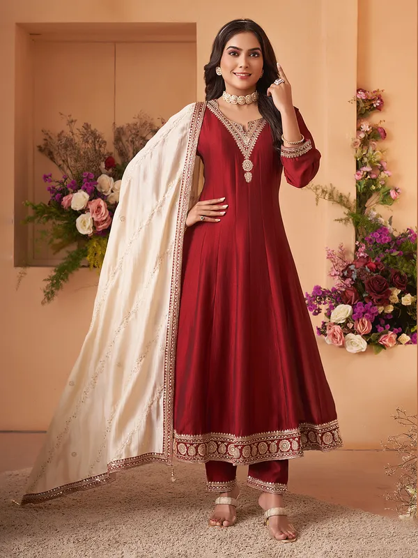 Maroon silk salwar suit with cream dupatta