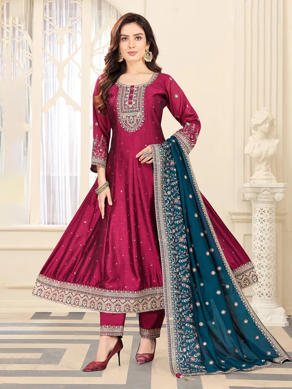 Maroon silk salwar suit with dupatta elegance