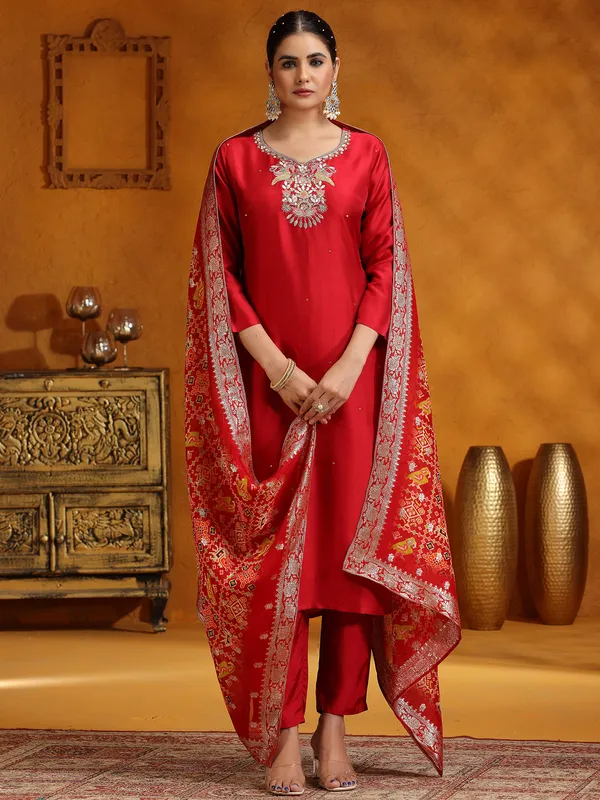 Maroon silk salwar suit with dupatta for festive