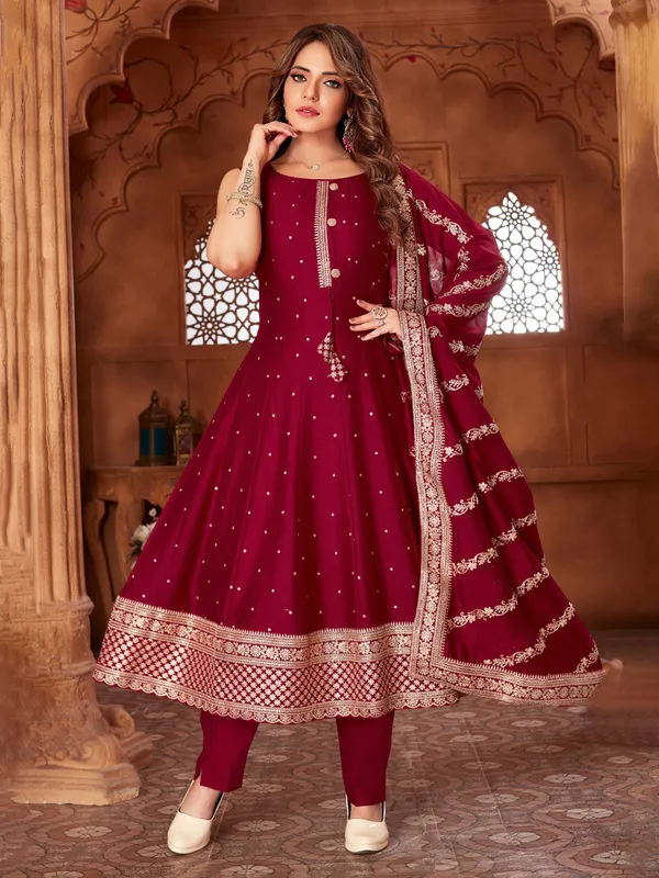 Maroon silk salwar suit with embellished dupatta