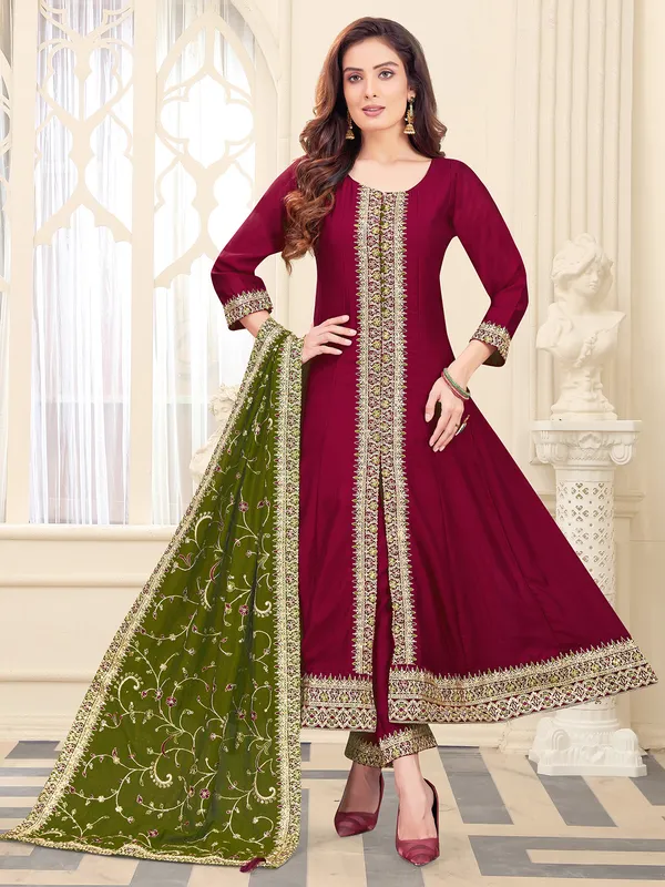 Maroon silk salwar suit with olive dupatta