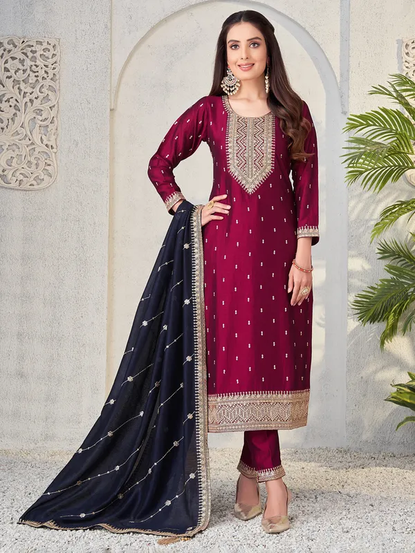 Maroon silk salwar suit with sequins work dupatta