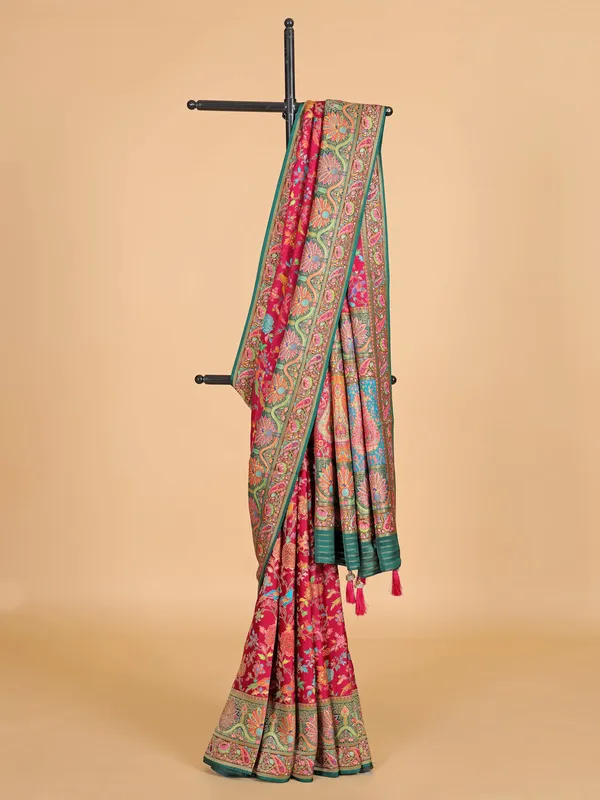 Maroon silk saree with colorful motifs