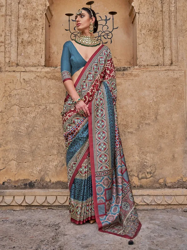 Maroon silk saree with digital printed