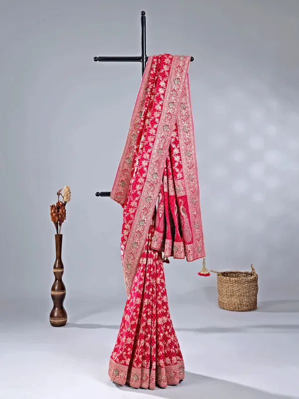 Maroon silk saree with unstitched blouse