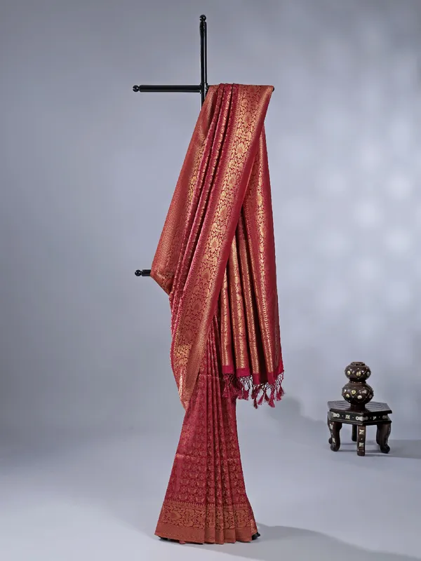 Maroon silk saree with zari weaving for festive