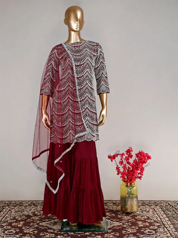 Maroon silk sharara suit with dupatta