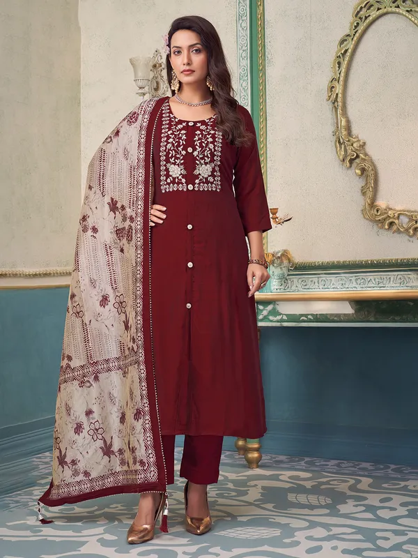 Maroon silk suit with quarter sleeves and dupatta