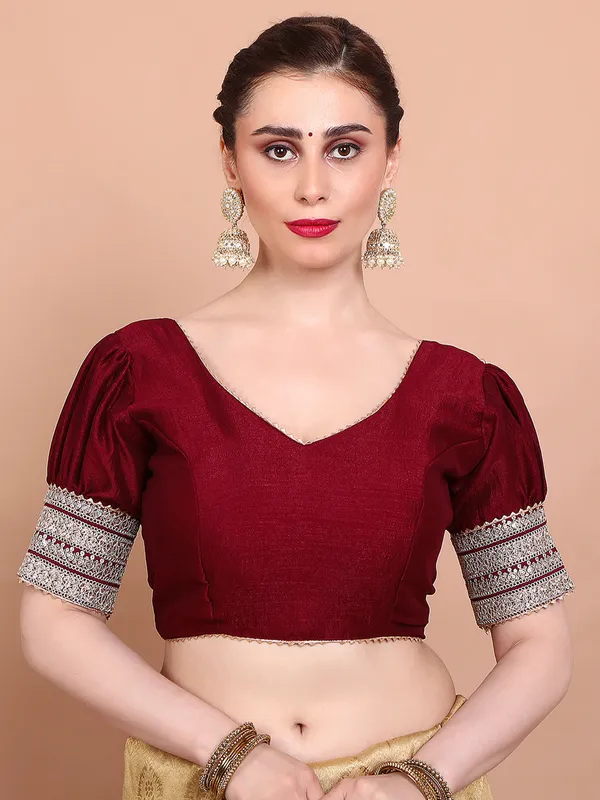 Maroon silk V neck ready made alterable blouse