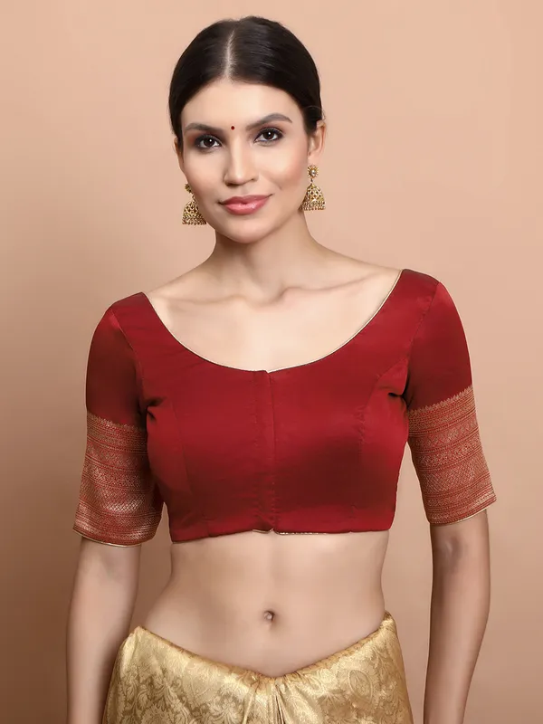 Maroon silk zari embroidered round neck blouse