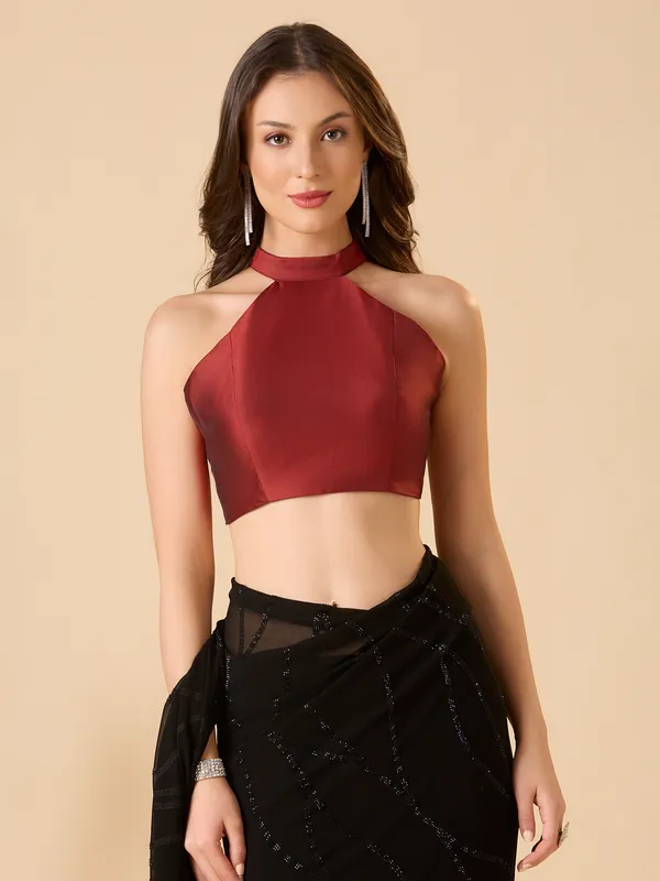 Maroon solid halter neck ready made blouse with back opening
