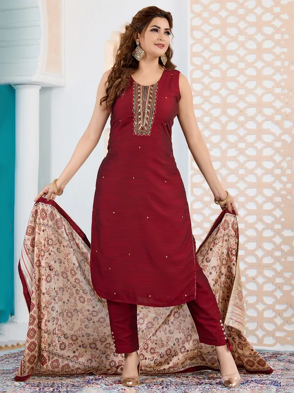 Maroon straight cut salwar suit for festive