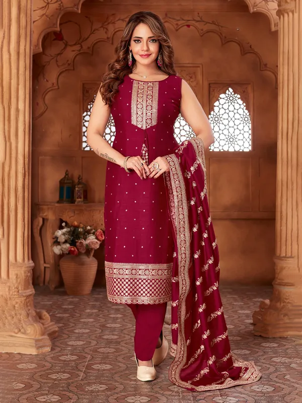 Maroon straight cut silk salwar suit with dupatta