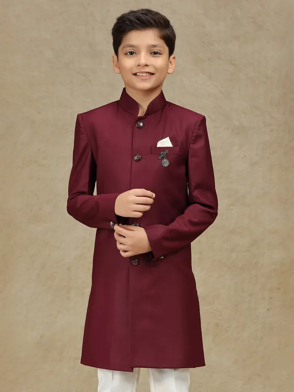 Maroon terry rayon indowestern for reception wear