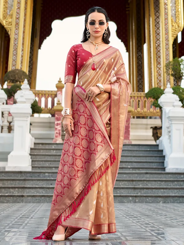 Maroon tissue silk zari worked saree for festival