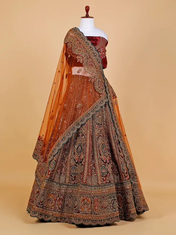 Maroon unstitched lehenga choli with dupatta