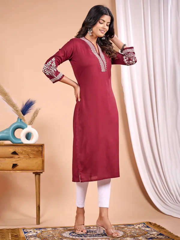 Maroon V neck silk kurti for women