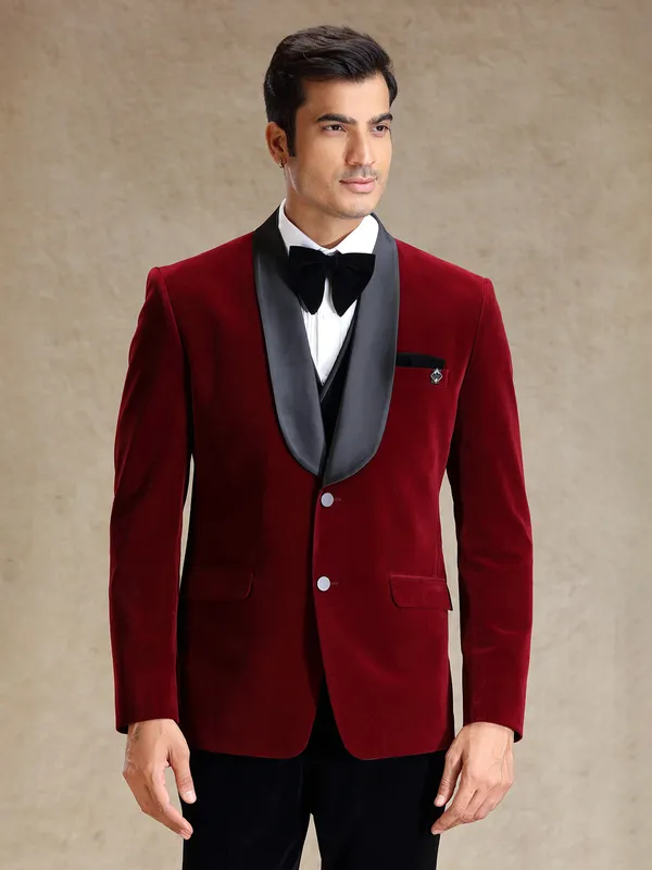 Maroon velvet 5 pcs tuxedo suit for reception